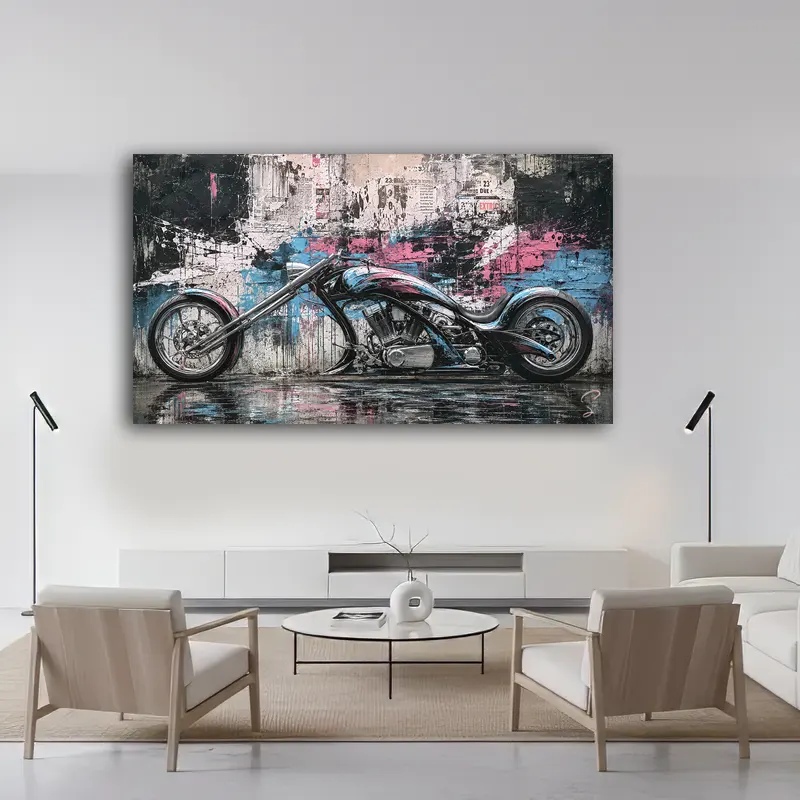 Tableau moto Urban Chrome dans un salon contemporain
