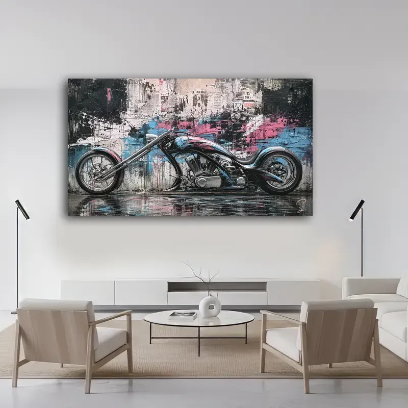 Tableau moto Urban Chrome dans un salon contemporain