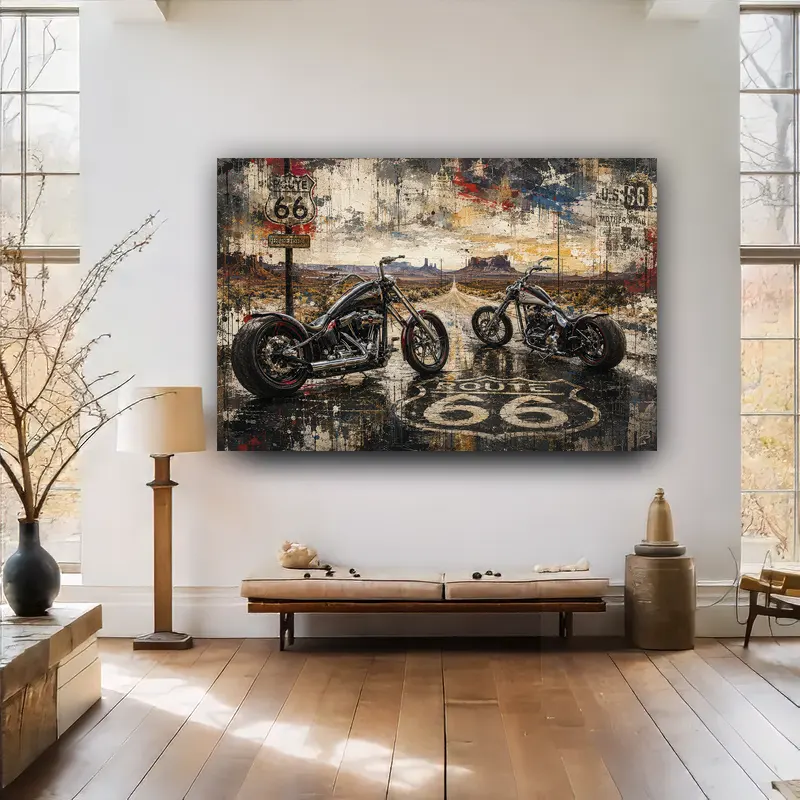 Tableau moto Twin Roads 66 dans un salon contemporain