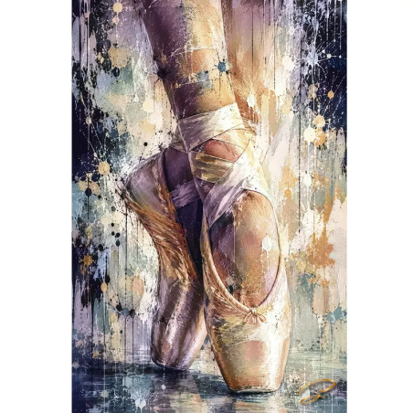 Tableau danse En Pointe – chaussons de ballerine en peinture contemporaine rose, mauve et dorée – LVIP