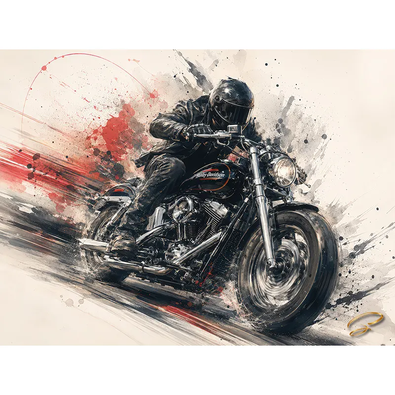 Tableau moto Black Rush avec motard – art mécanique contemporain LVIP