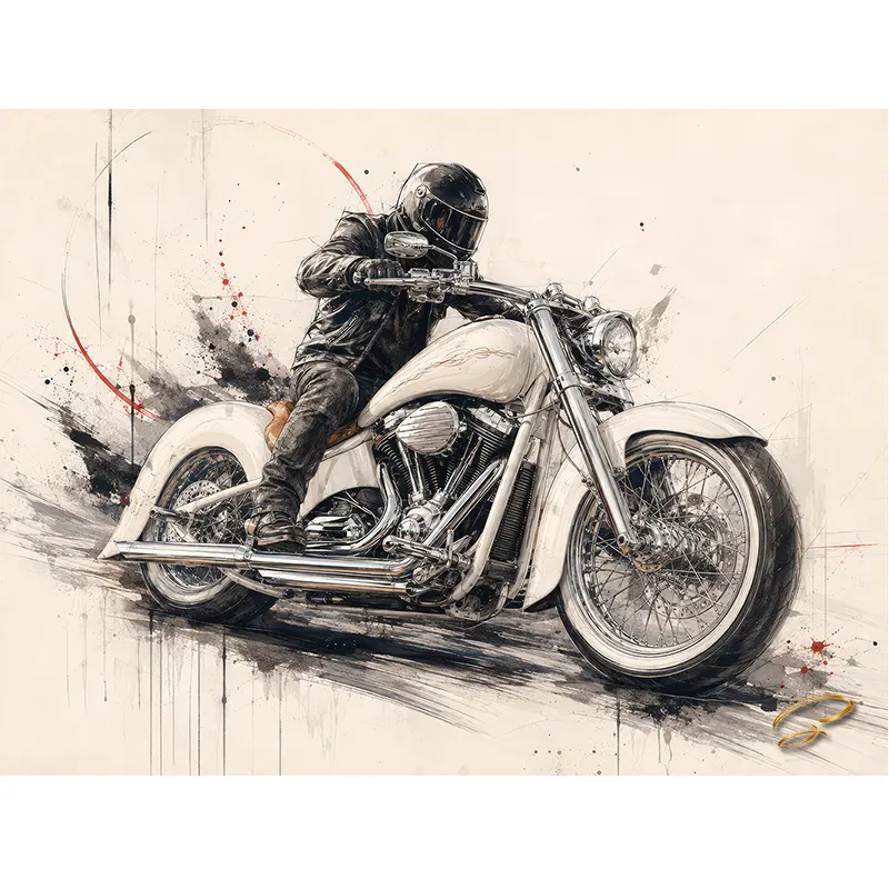 Tableau moto Chrome Rider custom blanc et chrome avec pilote art contemporain
