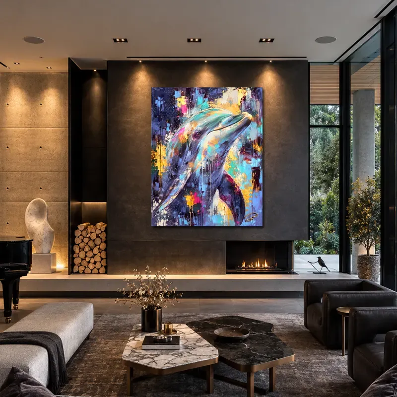 Tableau dauphin Pop Art dans salon contemporain – Abyssal Pulse
