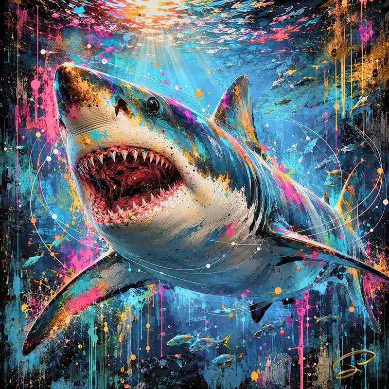 Fearless – tableau requin Pop Art contemporain bleu turquoise et rose