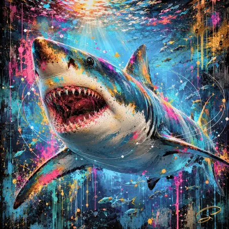 Fearless – tableau requin Pop Art contemporain bleu turquoise et rose
