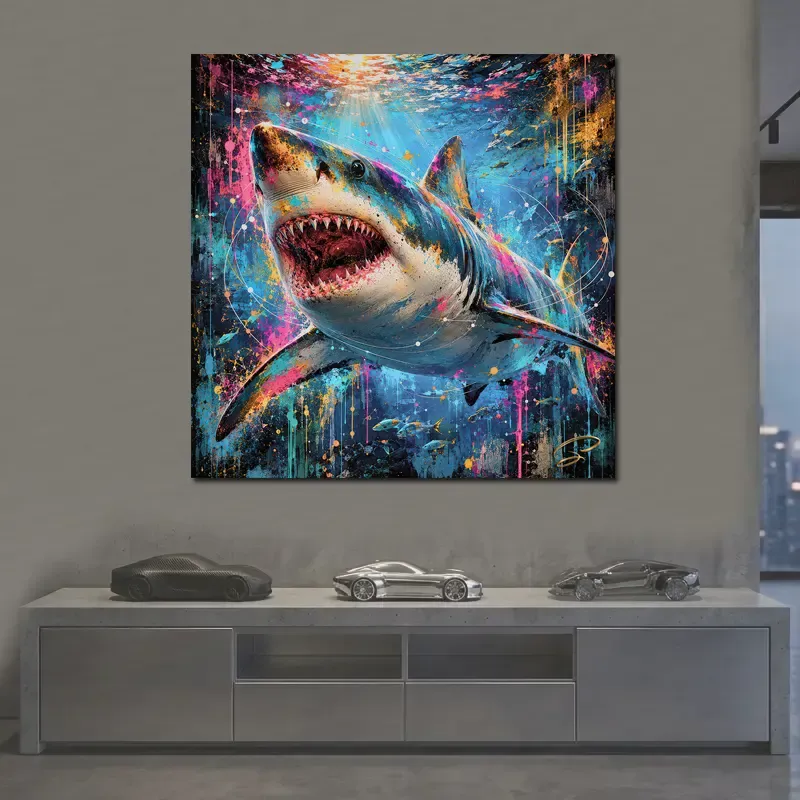 tableau requin Pop Art contemporain bleu turquoise et rose pour salon design