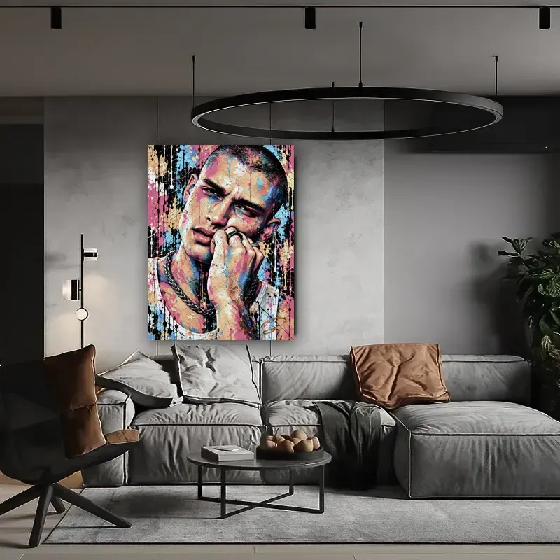 Tableau homme Street Art No Limit dans un salon dans les tons gris