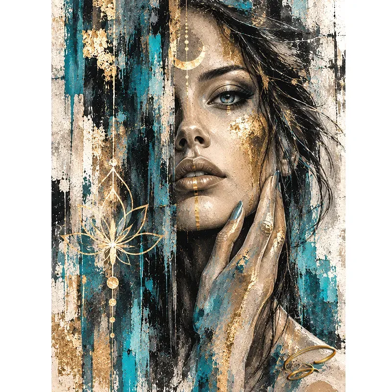 Tableau femme turquoise et or Lunaria – portrait féminin contemporain