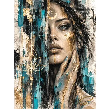 Tableau femme turquoise et or Lunaria – portrait féminin contemporain