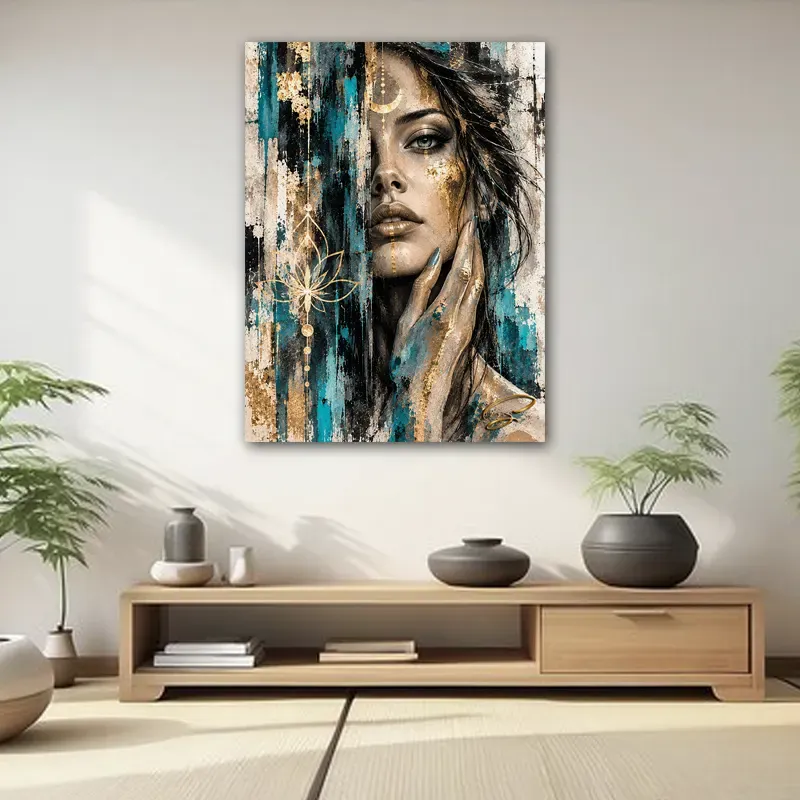 Tableau femme Lunaria turquoise et or dans un salon zen contemporain