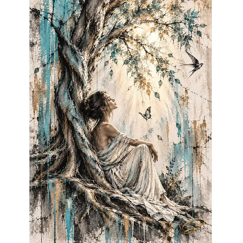Tableau femme sous un arbre turquoise et or – L’Envol par LVIP