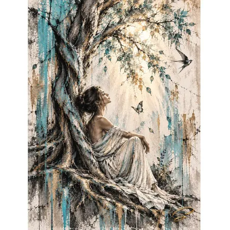Tableau femme sous un arbre turquoise et or – L’Envol par LVIP