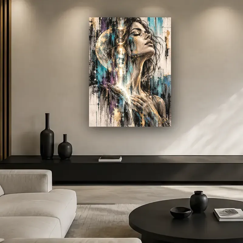 Tableau femme zen Inner Light dans un salon épuré