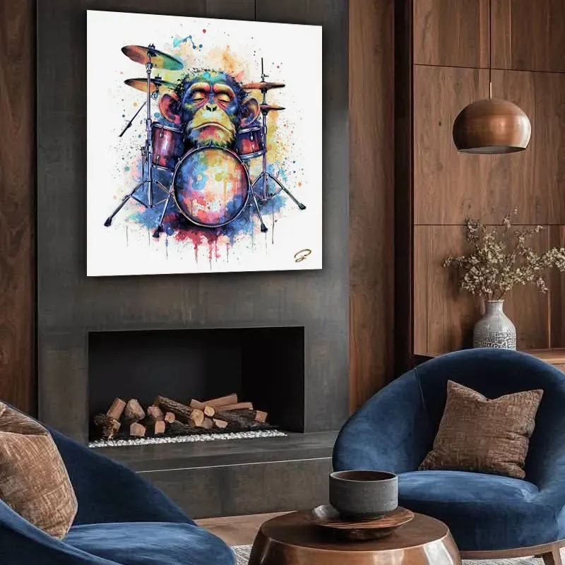 Tableau singe batteur Pop Art coloré – Drum Monkey pour déco design