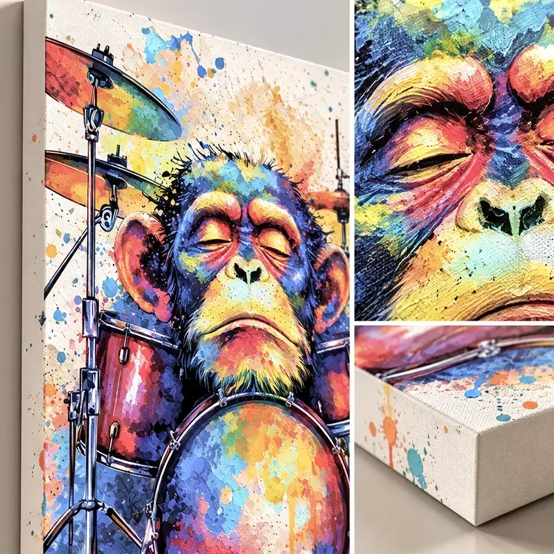 Gros plan Drum Monkey sur Toile Canvas 285 g/m² avec tranche blanche