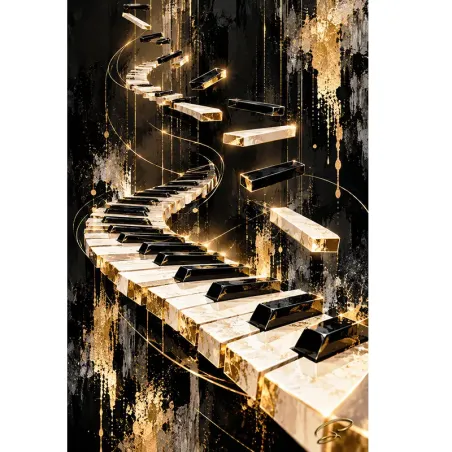Tableau piano abstrait noir et or Golden Rhapsody aux touches en spirale par LVIP