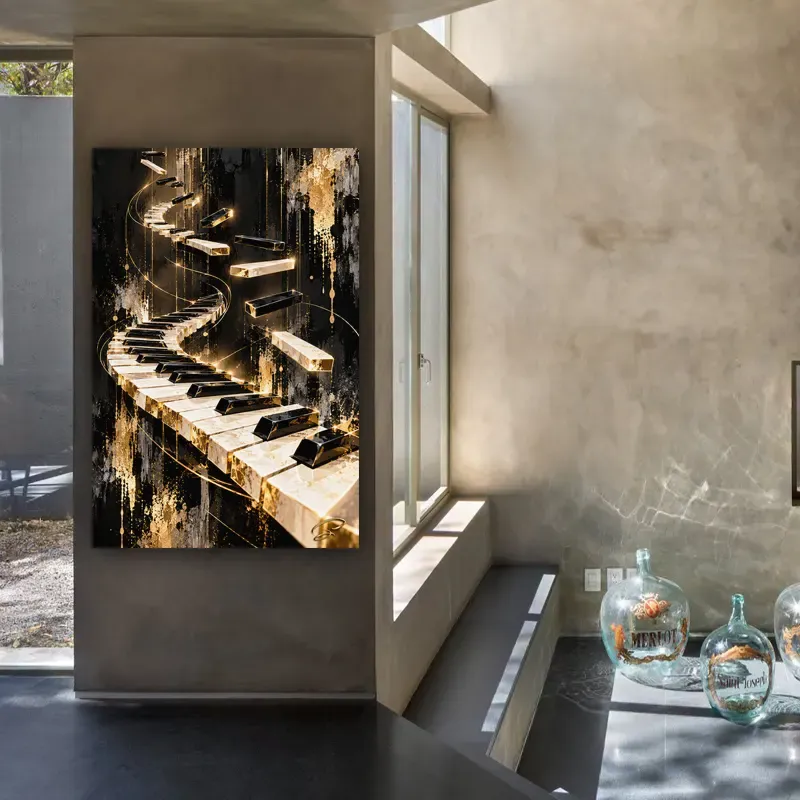 Tableau Golden Rhapsody dans un salon design contemporain
