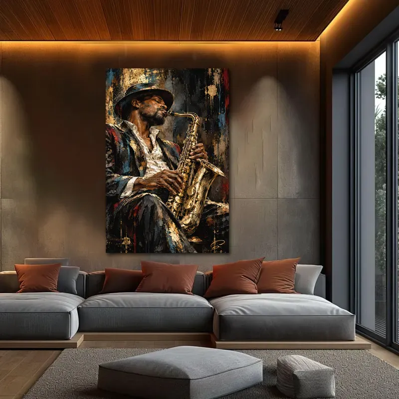 Tableau saxophoniste jazz Midnight Soul dans un salon élégant aux fauteuils en velours et éclairages dorés