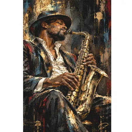 Midnight Soul, tableau saxophoniste jazz contemporain noir et or, par LVIP