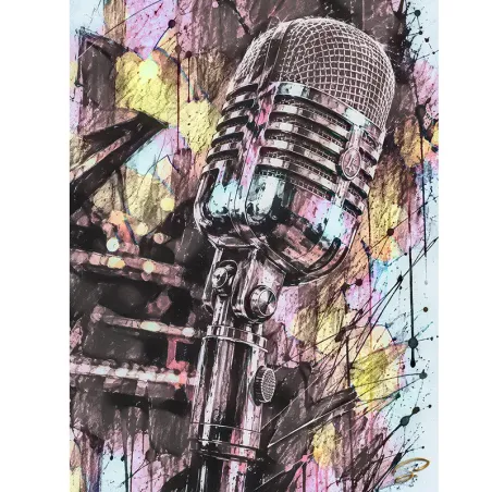 Vintage Frequency, tableau microphone vintage Pop Art aux reflets chromés, rose, bleu cyan et touches dorées par LVIP