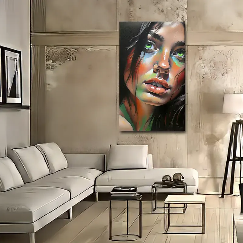 tableau contemporain femme yeux verts grand format salon design beige