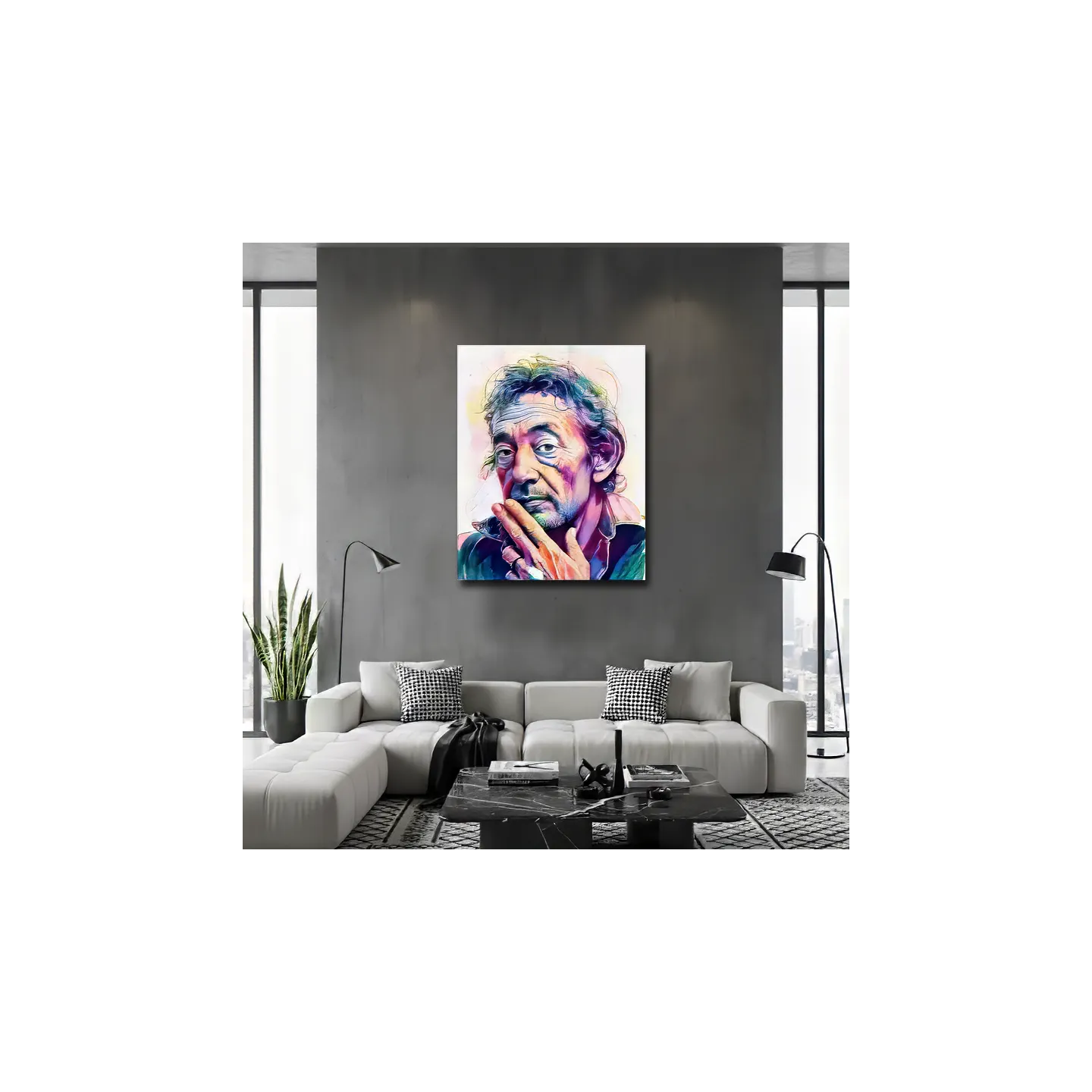 Portrait abstrait Serge Gainsbourg tableau coloré pour salon design