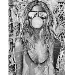 tableau pop art noir et blanc portrait femme bubble gum street art