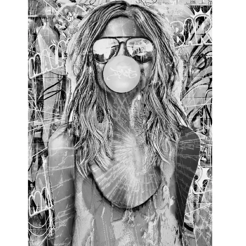 tableau pop art noir et blanc portrait femme bubble gum street art