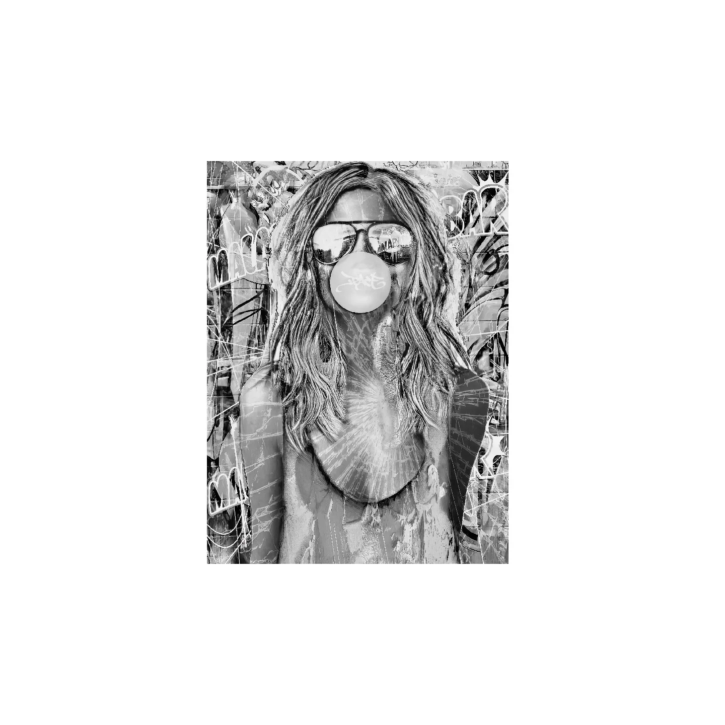 tableau pop art noir et blanc portrait femme bubble gum street art
