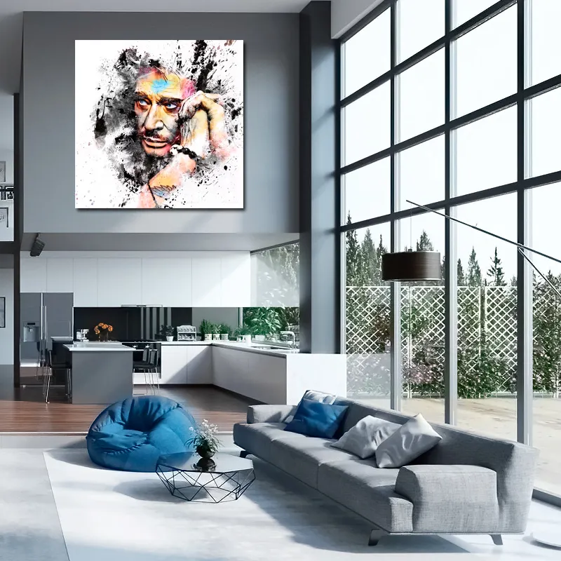 portrait johnny hallyday pop art pour salon design gris et bleu