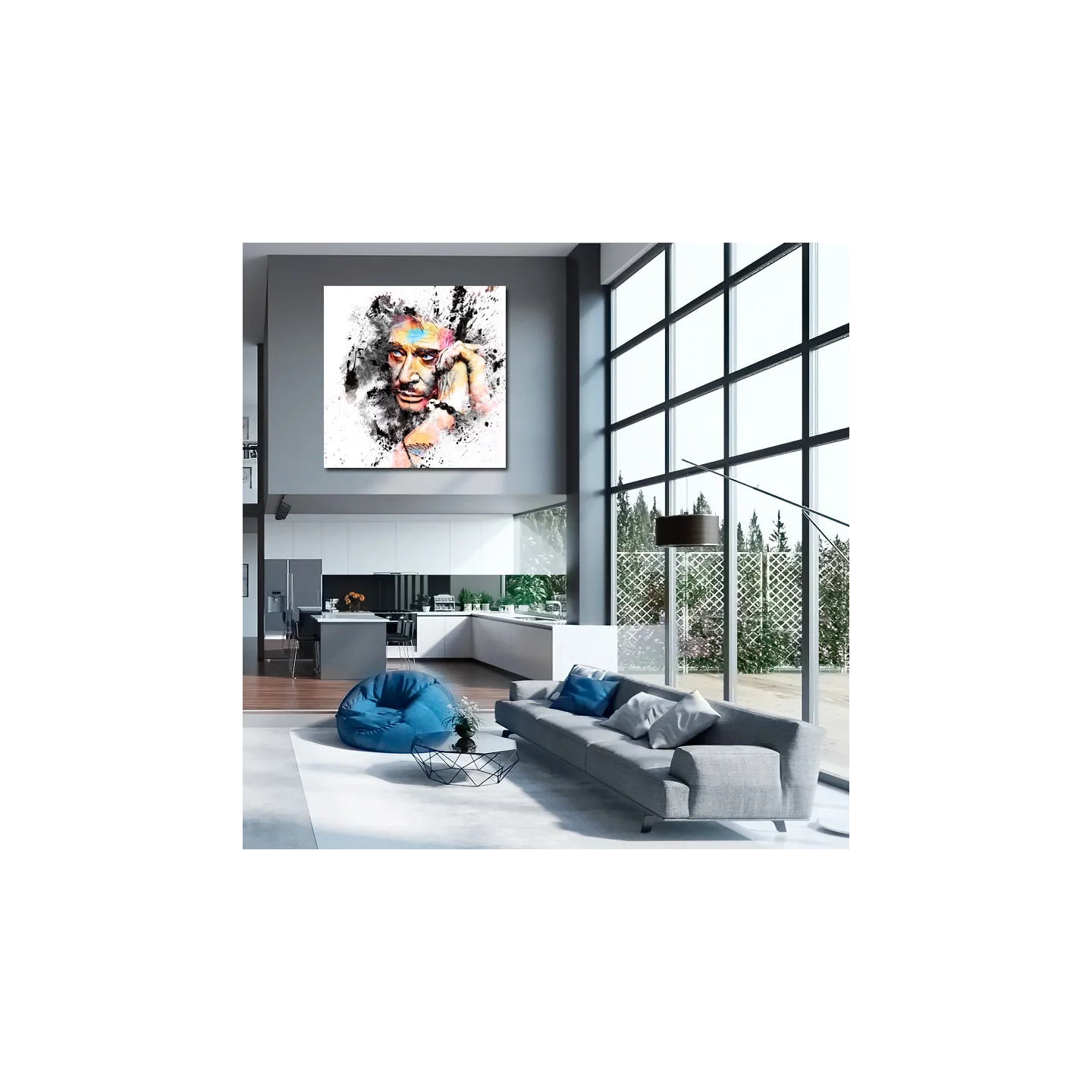 portrait johnny hallyday pop art pour salon design gris et bleu