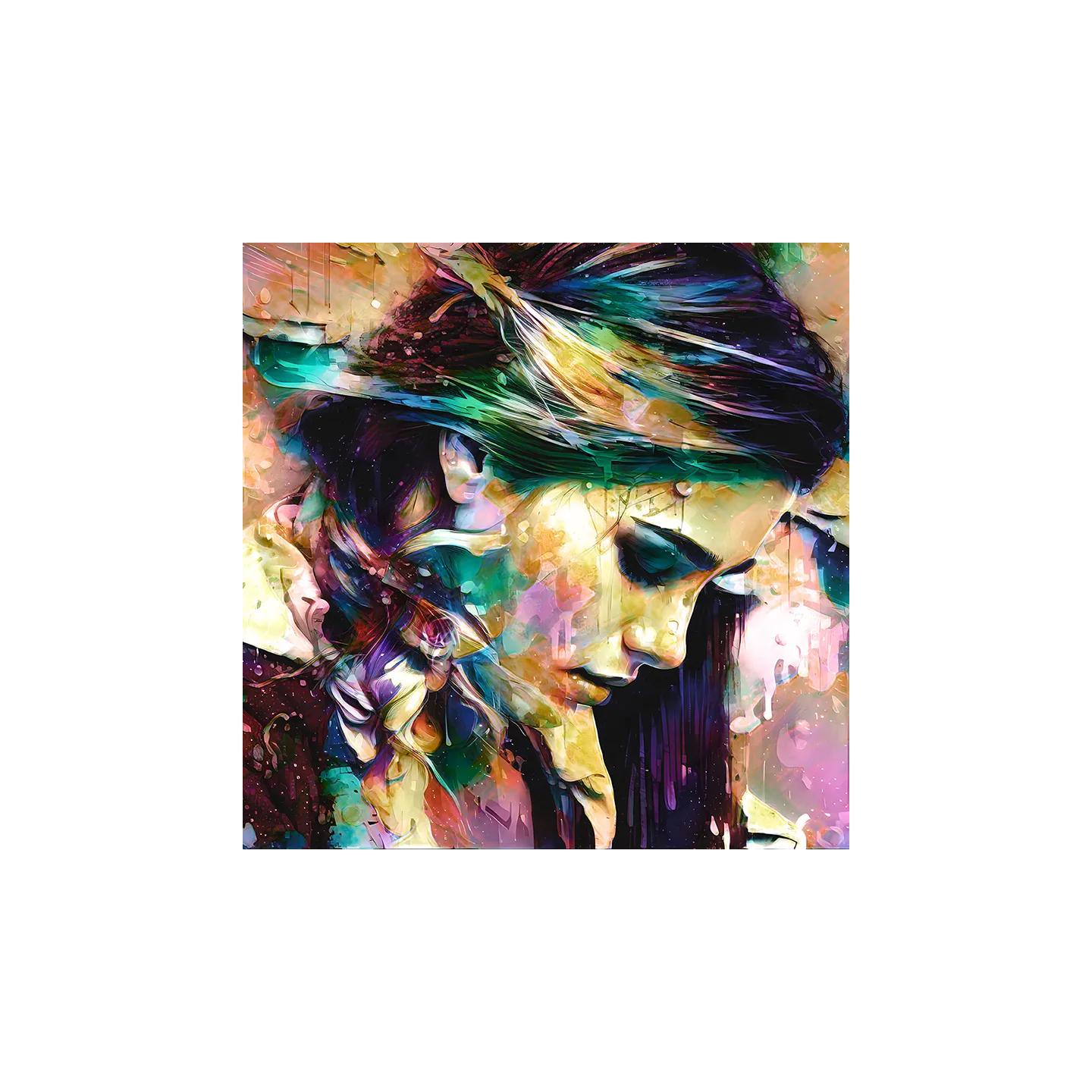 tableau pop art profil jeune femme natte couleurs vibrantes