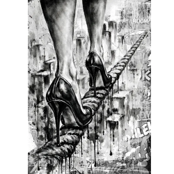 tableau street art femme talons équilibre corde graffiti urbain noir et blanc