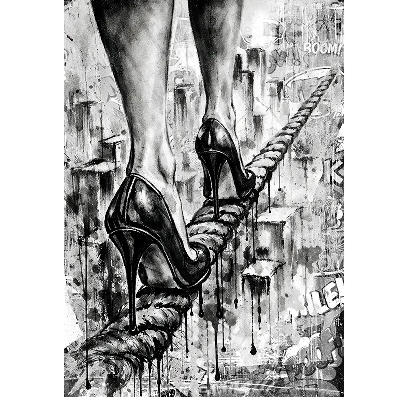 tableau street art femme talons équilibre corde graffiti urbain noir et blanc