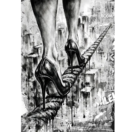tableau street art femme talons équilibre corde graffiti urbain noir et blanc