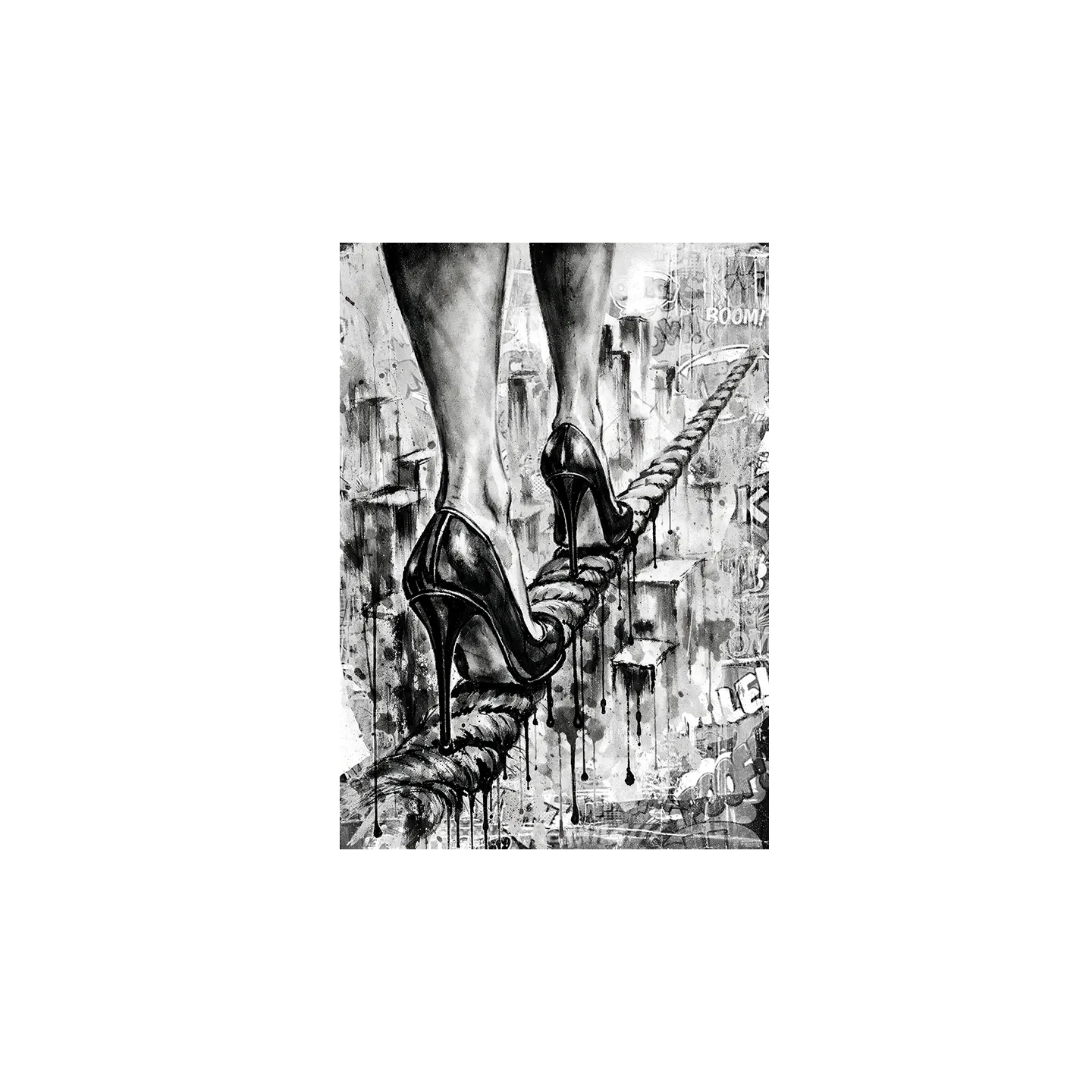 tableau street art femme talons équilibre corde graffiti urbain noir et blanc