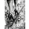 tableau street art femme talons équilibre corde graffiti urbain noir et blanc