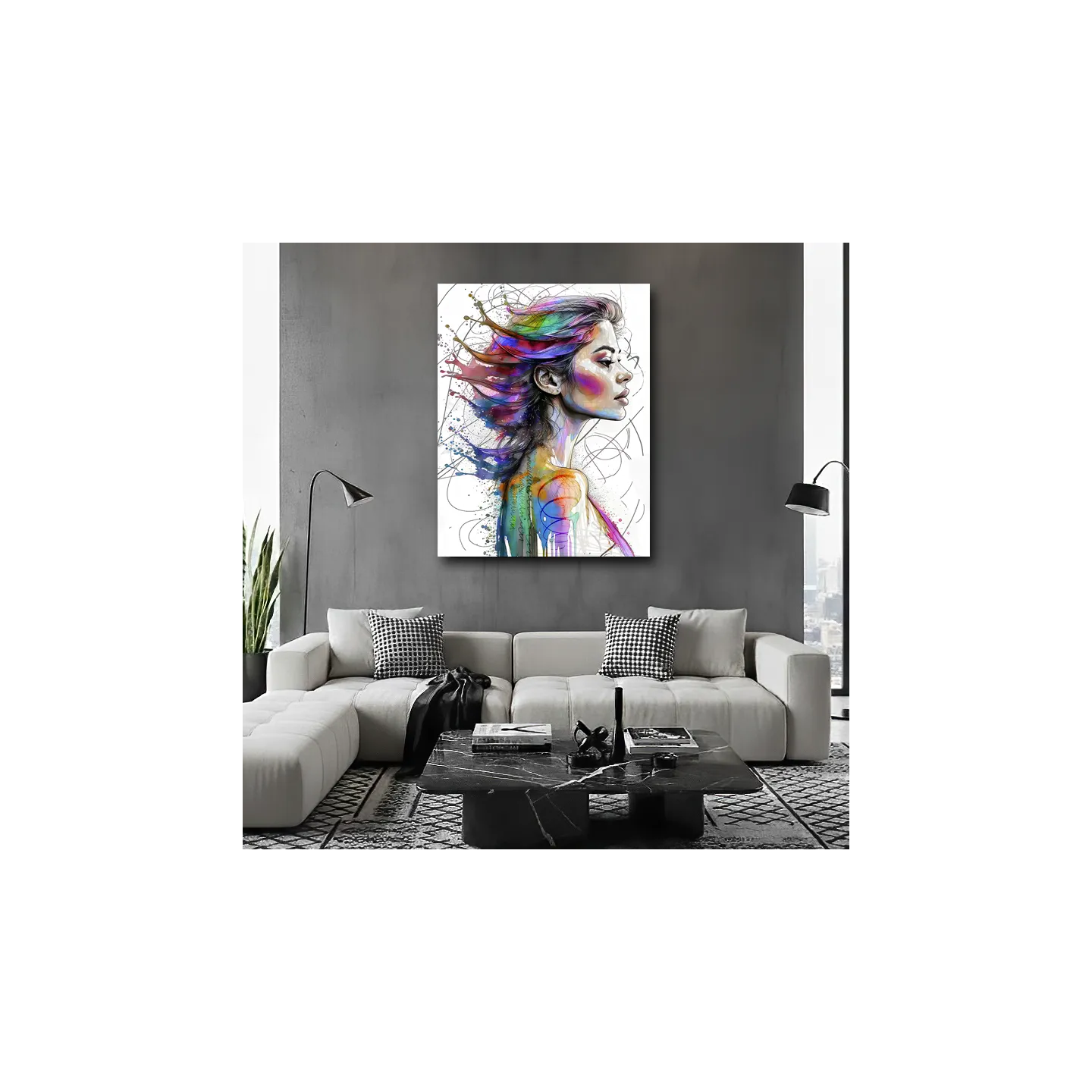 tableau pop art abstrait femme de profil pour salon moderne