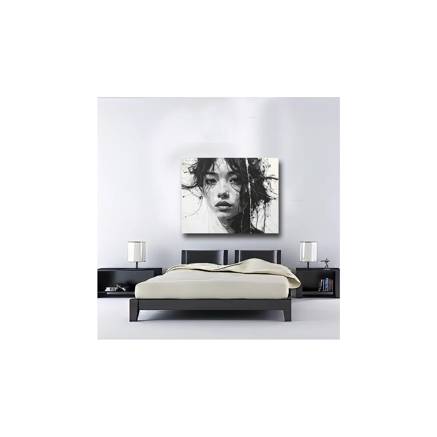 tableau ink art femme asiatique pour chambre noir et blanc