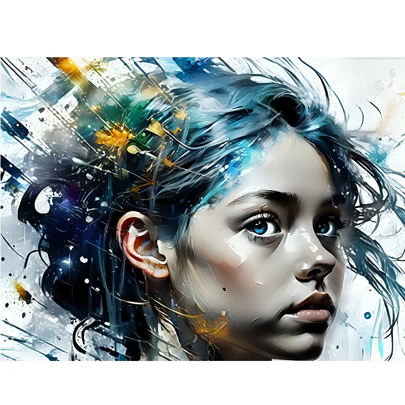 tableau jeune fille pop art coloré aux cheveux bleus