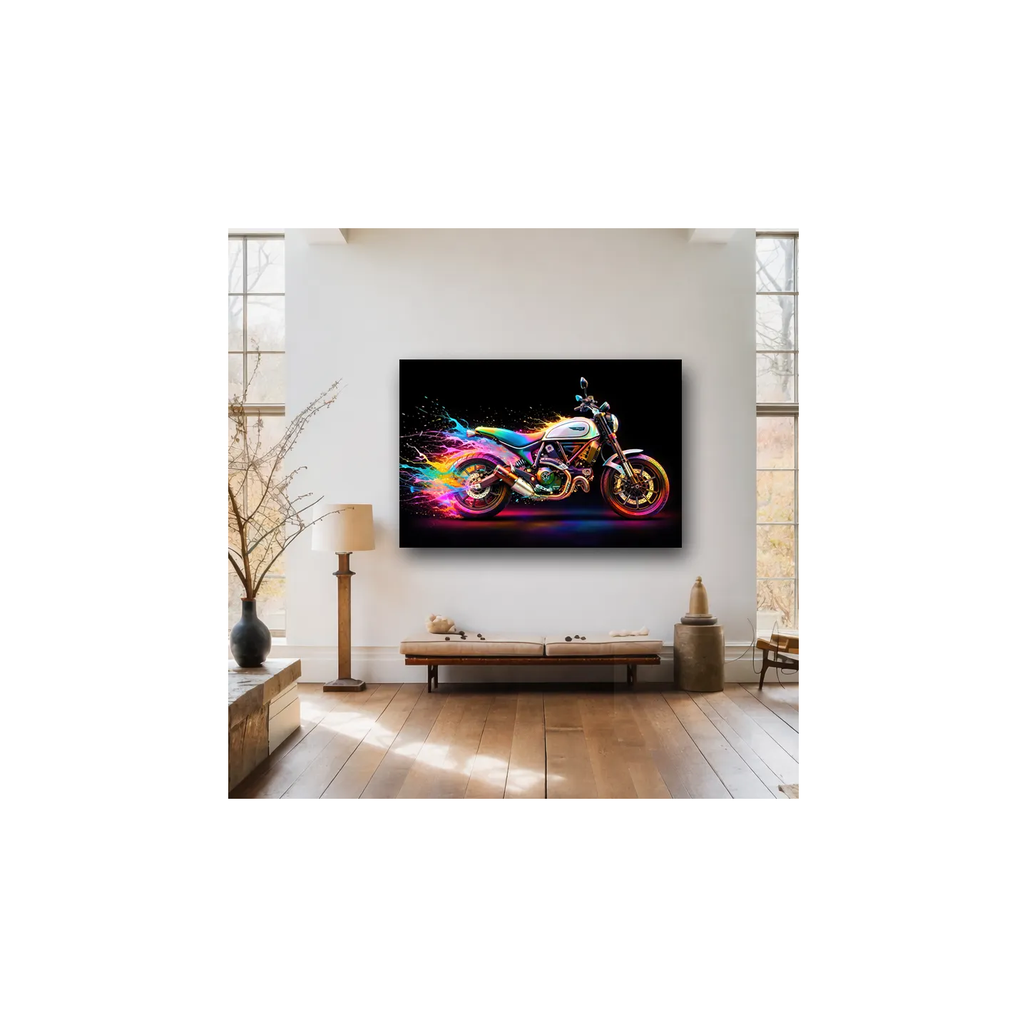 tableau moto design street art multicolore pour salle d'entrée