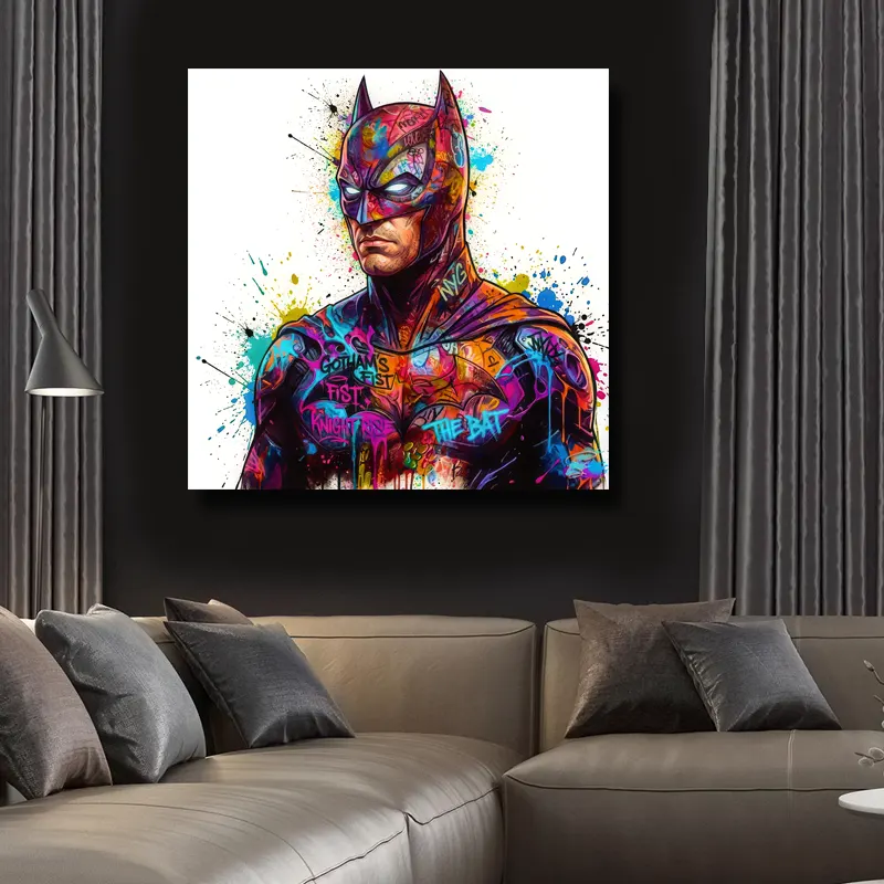 Œuvre Batman Street Art moderne aux couleurs néon avec effets graffiti et projections de peinture artistique