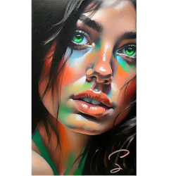 Portrait jolie femme brune yeux verts intenses en impression support plexi, pvc et toile