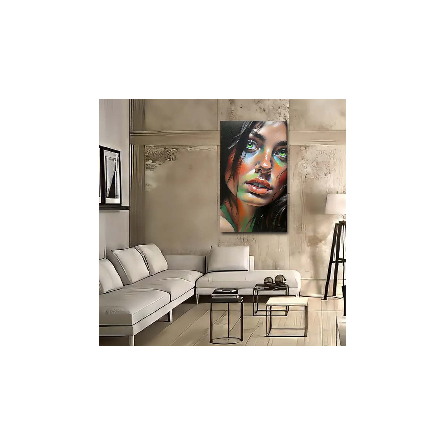 portrait abstrait femme brune aux yeux verts pour décoration salon moderne