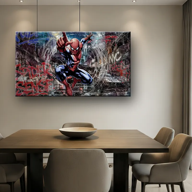 Œuvre Spider-Man Marvel avec graffiti urbains, toiles d'araignée et skyline de New York salle à manger