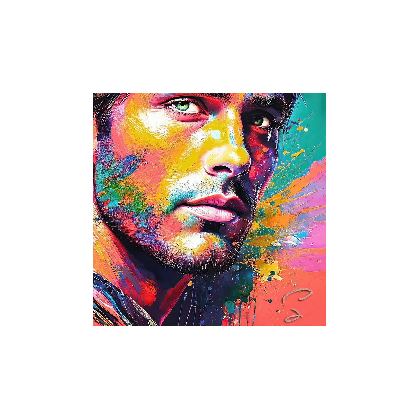 Tableaux portrait abstrait coloré homme brun yeux verts impression plexi, toile ou pvc