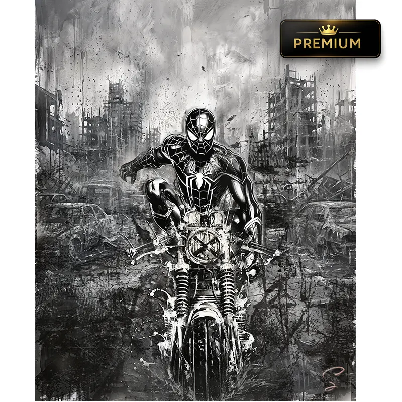 Tableau noir et blan spider-man sur moto by LVIP