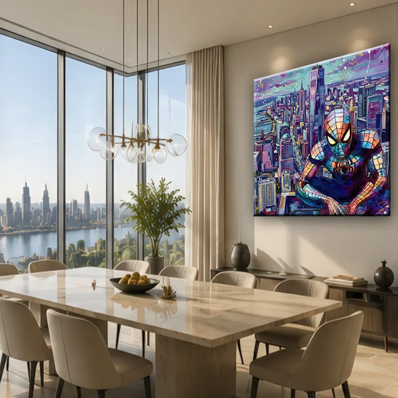 Œuvre Spider-Man contemporaine inspirée de New York avec gratte-ciel et peinture Pop Art.