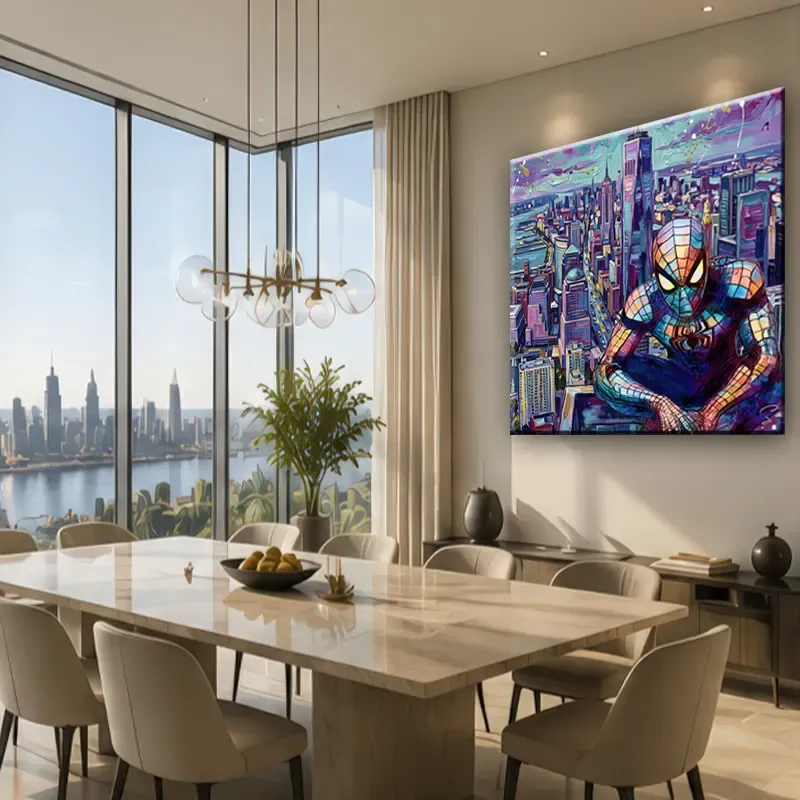 Œuvre Spider-Man contemporaine inspirée de New York avec gratte-ciel et peinture Pop Art.