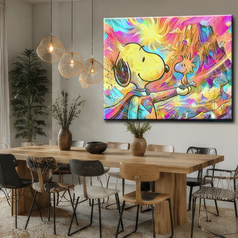 Tableau Snoopy Pop Art coloré dans un intérieur design lumineux à la décoration moderne